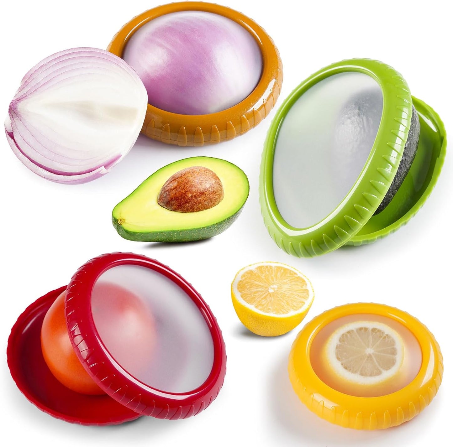 Avocado Saver and Onion Storage Set, 4 Pcs Silicone Fruit Vegetable Anti-oxidation Box,Reusable Fridge Fresh Pod Food Storage,Perfect Lemons Tomato Garlic Containers
