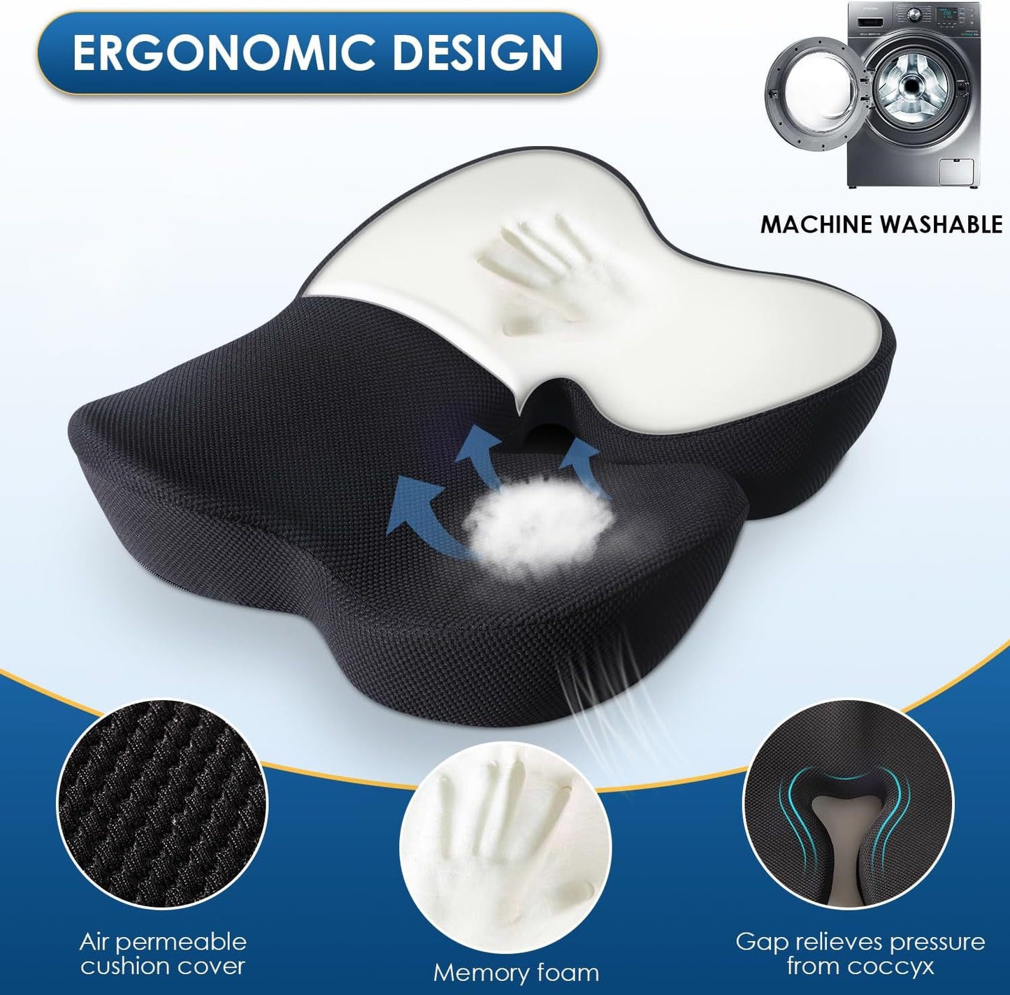 Ergonomic Seat Cushion – Sciatica & Pressure Relief, Healthy Spine Support