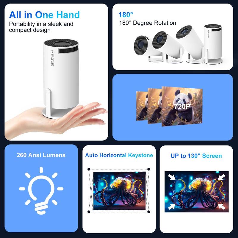 Smart HD Projector – 260 ANSI Lumens, Android 11, WiFi 6, Bluetooth, 720P Native, 1080P Compatible
